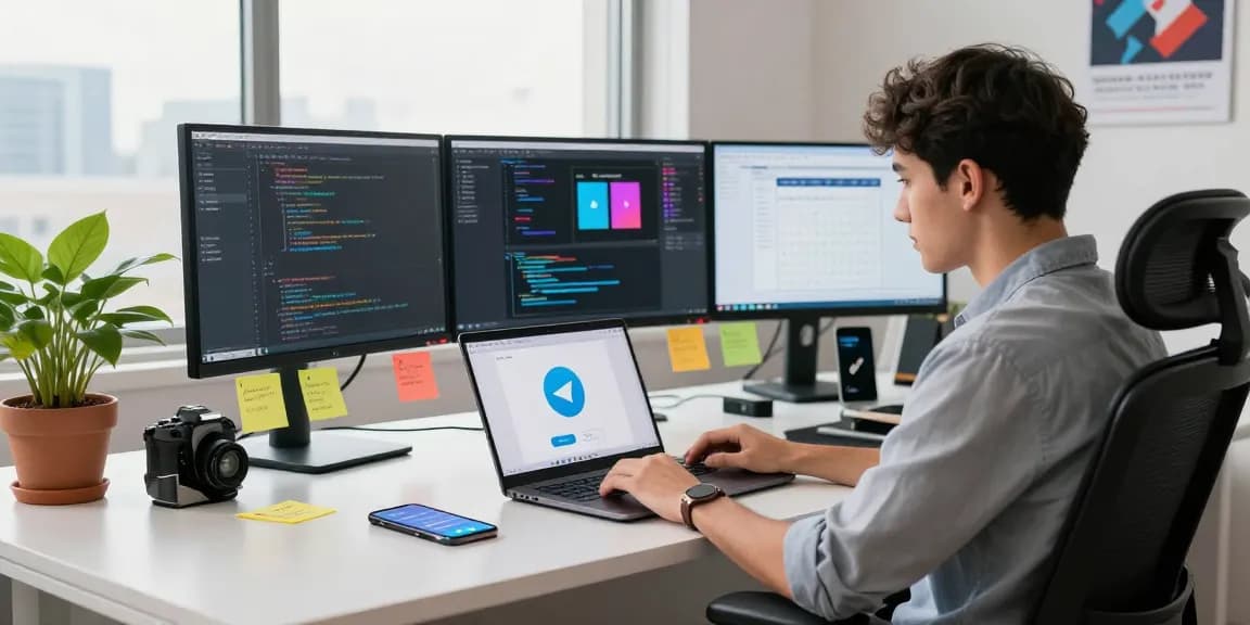 Download Telegram for seamless communication in a modern workspace setting, featuring a professional engaging with the app.