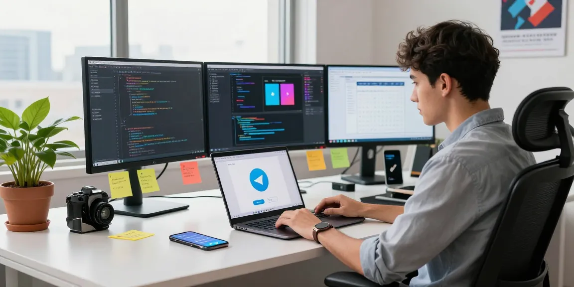 Download Telegram for seamless communication in a modern workspace setting, featuring a professional engaging with the app.
