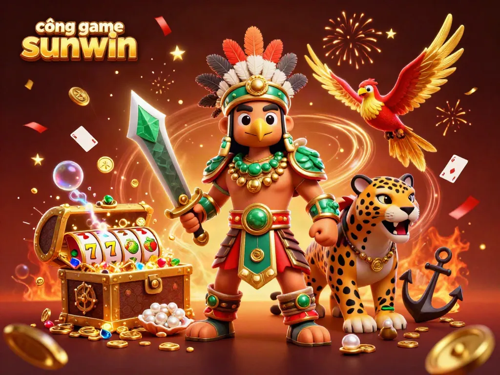 Experience thrilling gameplay at cổng game sunwin with an immersive 3D illustration showcasing vibrant characters and rich casino elements.