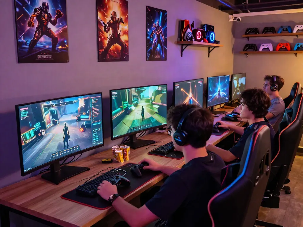 Engaged friends enjoying a gaming session with rokok88 login theme in a lively lounge.