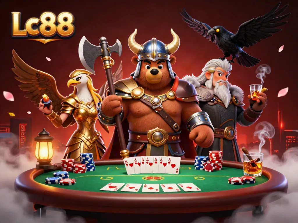 Lc88 showcases a Viking bear and Valkyrie eagle at a vibrant poker scene with glowing runes.