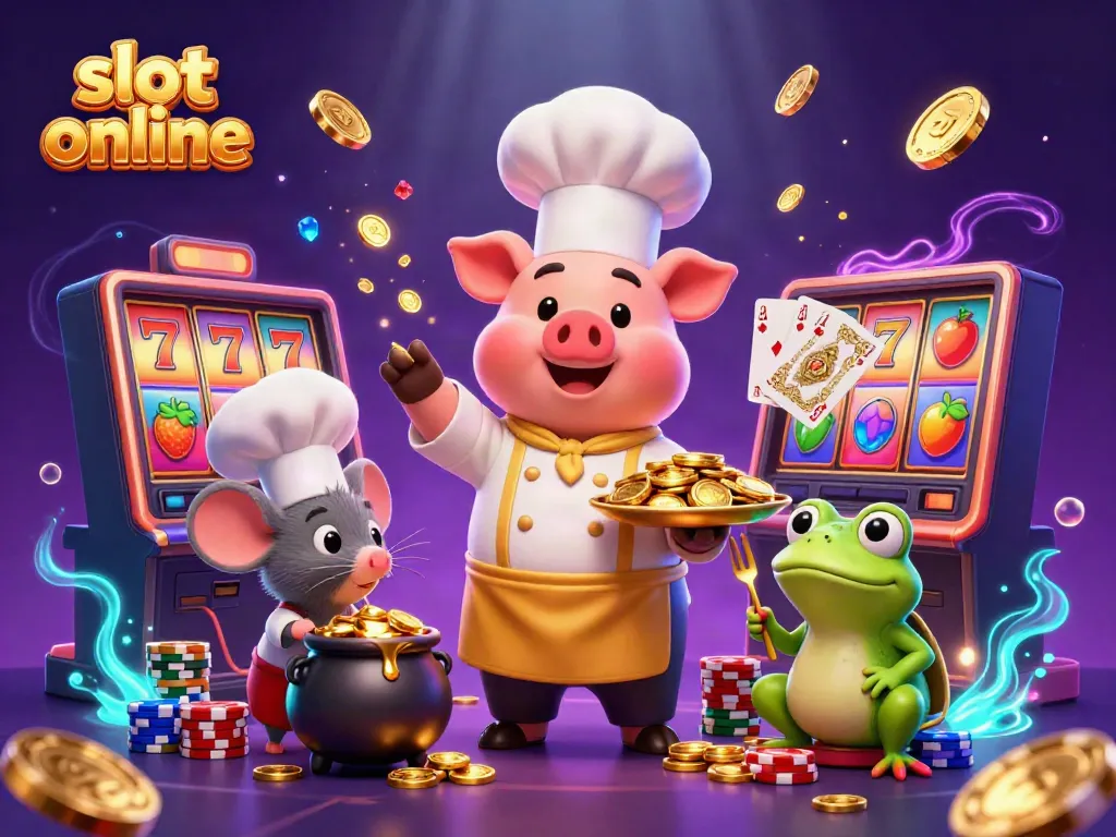 Engage with slot online action featuring a chef pig and gold coins in a vibrant casino scene.
