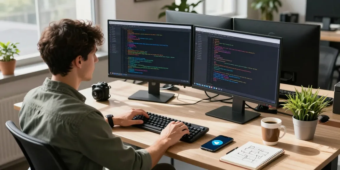 Optimized Telegram Download setup with a developer coding in a productive tech workspace.