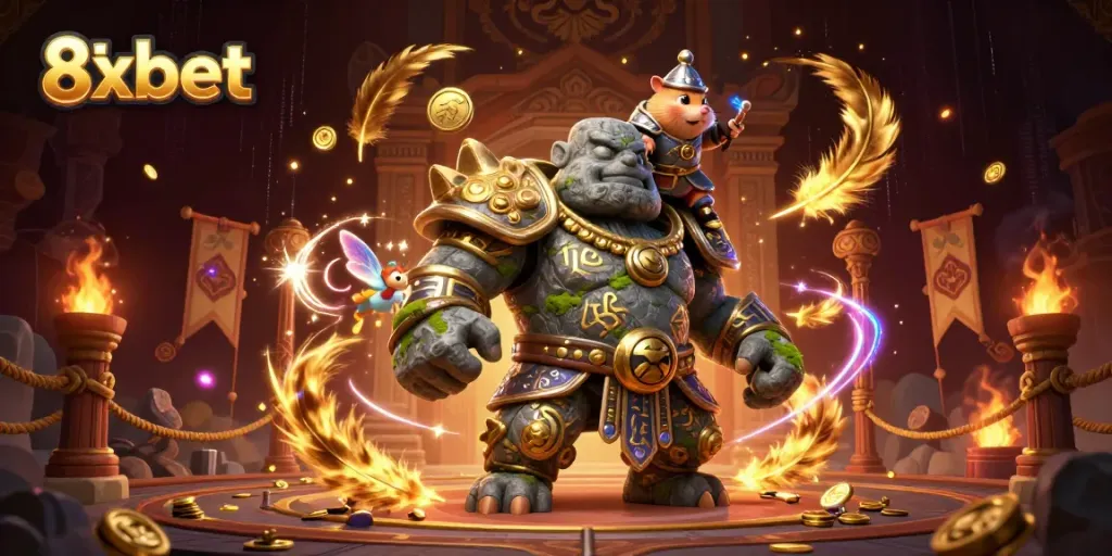 Engage with thrilling adventures at 8xbet, featuring a vibrant 3D scene with a guardian golem and magical companions.