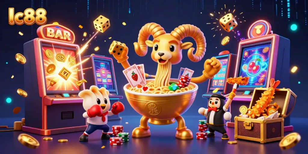 Engage with lc88's vibrant casino world featuring a golden ramen bowl character, dynamic game elements, and energy bursts.
