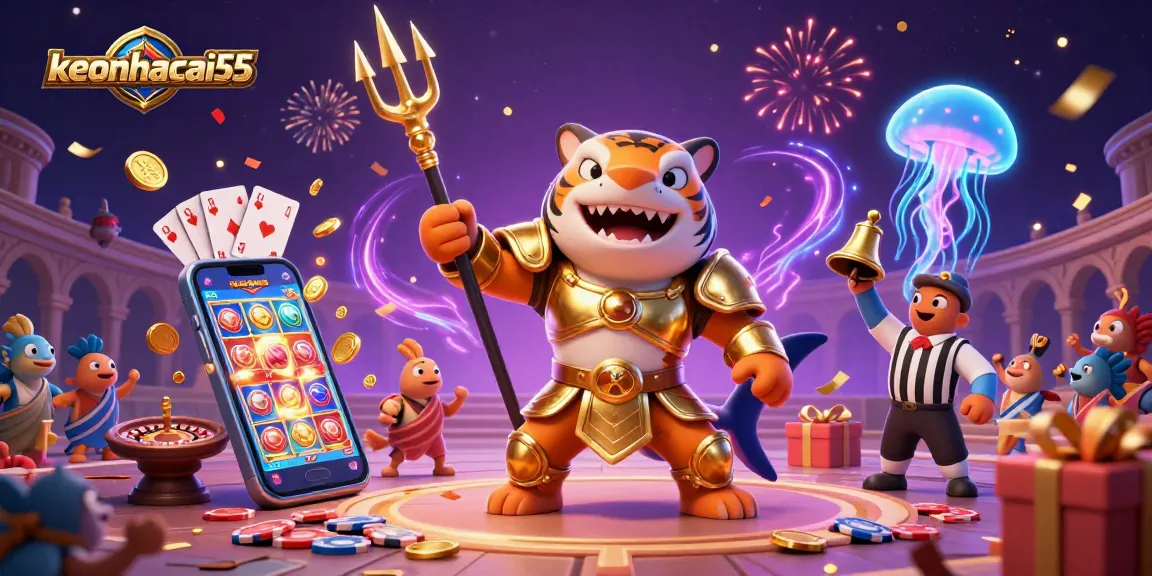 Engage with keonhacai55 while exploring vibrant underwater casino action featuring a heroic tiger shark and games.