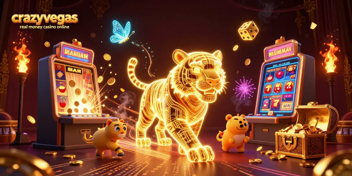 Experience excitement at crazyvegas real money casino online with the golden tiger prowling a vibrant digital casino.
